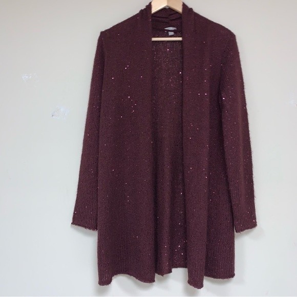 J. Jill Mohair Knit Burgundy Draped Sequin Christmas Holiday Cardigan Sweater - Picture 2 of 6